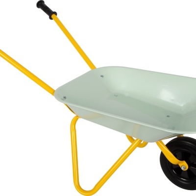 Carro de mão amarelo e cinza com roda preta