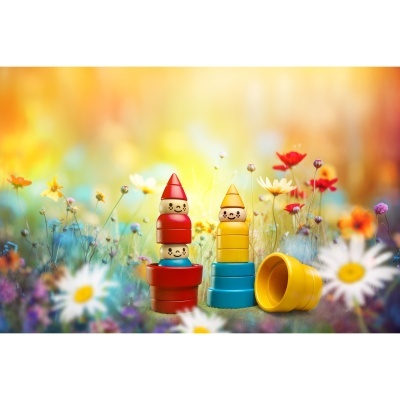 Brinquedo infantil de madeira colorido com figuras empilhadas em jardim florido