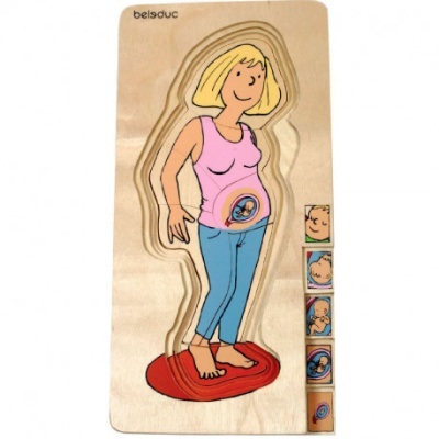 Puzzle de madeira de mulher grávida com ilustração colorida e painéis de fases do bebé