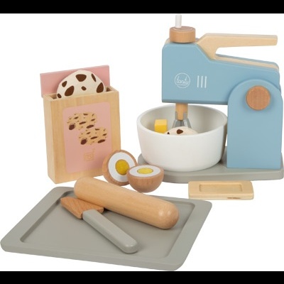 Brinquedo de cozinha de madeira com misturador azul e acessórios