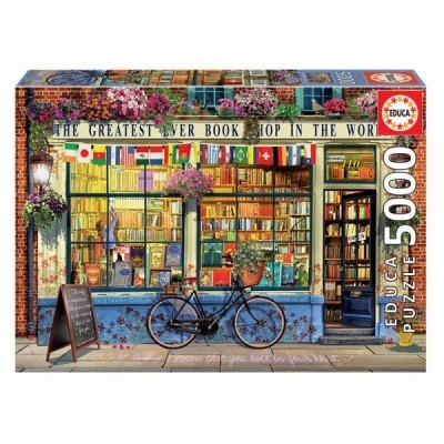 Caixa de puzzle EDUCA 5000 peças com imagem de livraria com bicicleta e decoração de flores