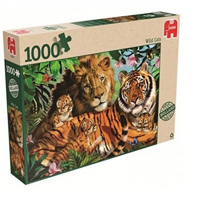 Caixa de puzzle de 1000 peças com imagem de leão e tigres na natureza