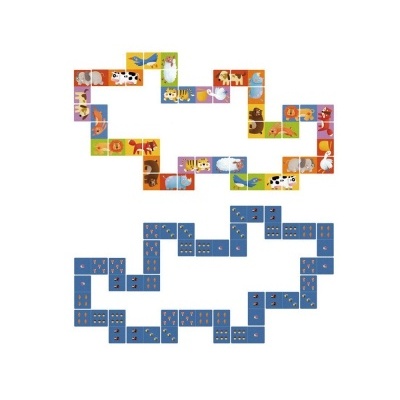 Duplo conjunto de dominó, superior colorido com animais, inferior azul com números e imagens