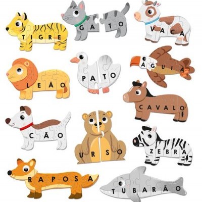 Quebra-cabeças de animais em madeira com nomes em português