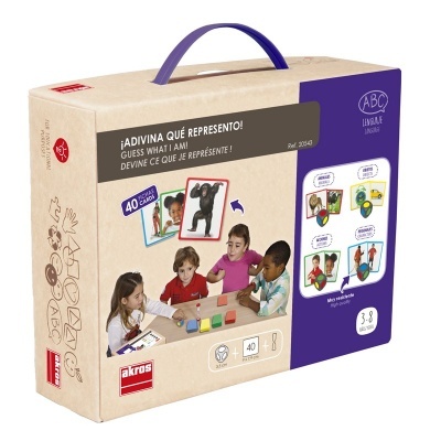 Caixa de jogo educativo para crianças com 40 cartas e imagens para adivinhar, com quatro crianças a jogar na imagem