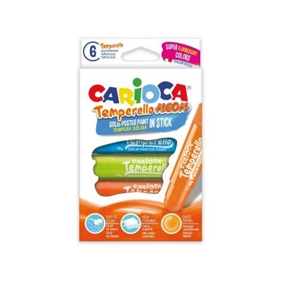 Embalagem de 6 tintas sólidas em stick Carioca Temperello neon com cores vibrantes e texto descritivo