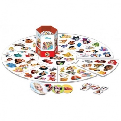 Jogo de tabuleiro Disney redondo com personagens coloridos e fichas