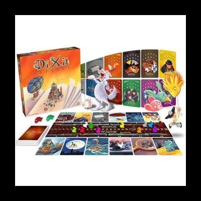 Jogo de tabuleiro DiXit Odyssey com cartas e tabuleiro colorido