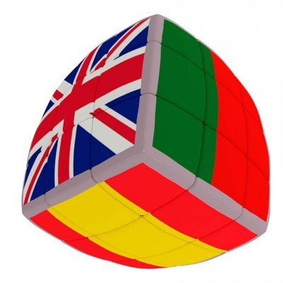 Cubo mágico com faces coloridas representando bandeiras do Reino Unido, Itália e Alemanha