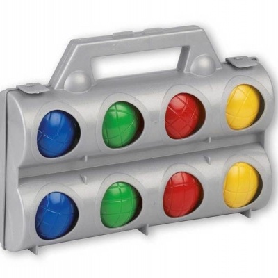 Estojo cinzento de plástico com 8 esferas coloridas e pega para transporte.