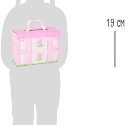 Caixa cor-de-rosa com desenhos de janelas e fechaduras, pega e altura 19 cm