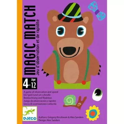 Embalagem do jogo Magic Match com imagem de urso e elementos coloridos sobre fundo roxo