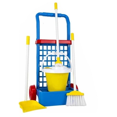 Conjunto de brinquedo de limpeza com carrinho e utensílios coloridos em plástico