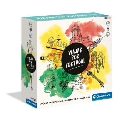 Caixa com design artístico colorido e texto do jogo 'Viajar Por Portugal'.