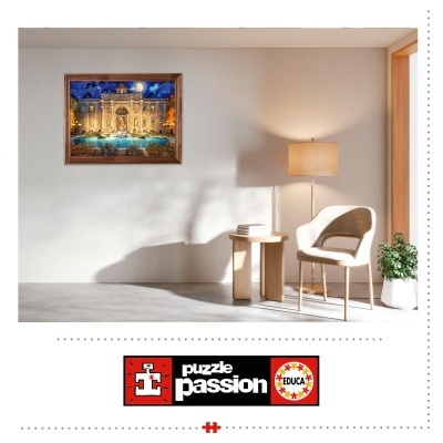 Quebra-cabeças emoldurado com imagem noturna de fonte iluminada numa parede branca