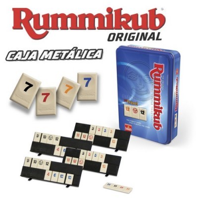 Jogo Rummikub Original com caixa metálica azul e peças numeradas.