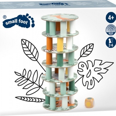 Jogo de torre de madeira colorida para crianças com dado na embalagem