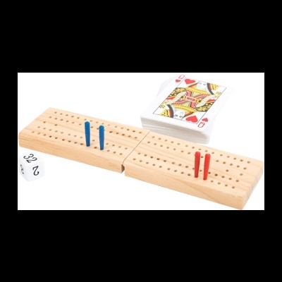 Jogo de cartas com tabuleiros de madeira, pinos coloridos, dado e carta
