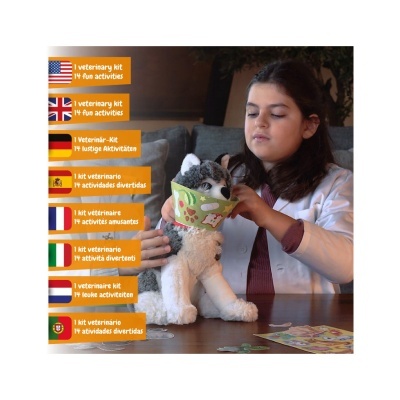 Criança com cão de peluche usando cone veterinário colorido sentado à mesa com etiquetas multilíngues ao lado