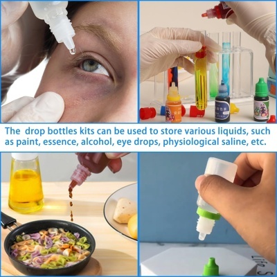 Frascos de conta-gotas usados para líquidos como gotas para olhos, líquidos coloridos em laboratório, aplicação em comida e manuseio em fundo azul.