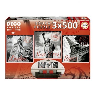 Caixa de puzzles Deco Puzzle Educa com mapas em preto e branco de Londres, Nova Iorque e Paris.