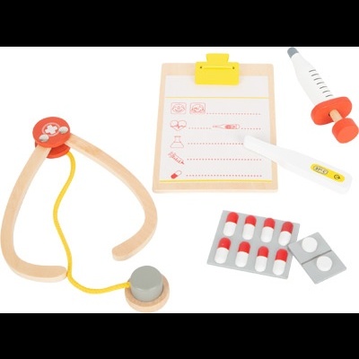 Brinquedo conjunto médico com estetoscópio, seringa, termómetro, prancheta e cartelas de cápsulas.