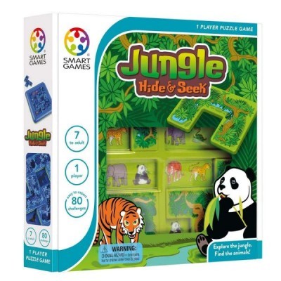 Jogo de puzzle Jungle Hide & Seek da Smart Games com tema de selva e animais.