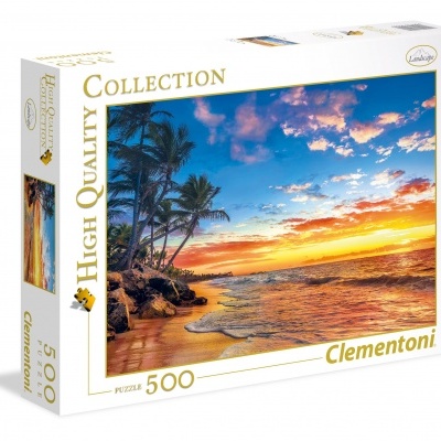 Caixa branca de puzzle Clementoni 500 peças com imagem de praia ao pôr do sol
