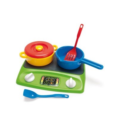 Jogo de cozinha de brincar com panela, frigideira e placa de fogão em cores vivas