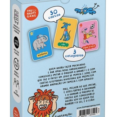 Caixa de jogo de cartas com ilustrações coloridas de animais e texto em português