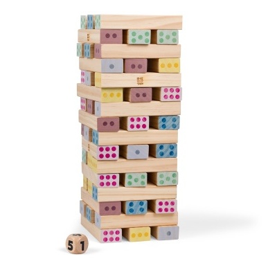 Jogo de torre de blocos de madeira coloridos com dado