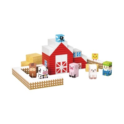 brinquedo quinta com celeiro vermelho e branco e figuras em bloco de animais e agricultor