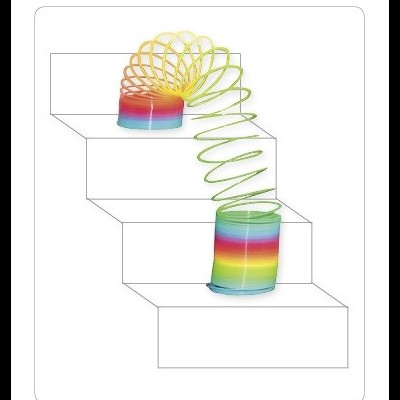 Brinquedo mola espiral colorida em escada branca