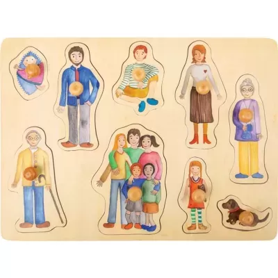 Puzzle de madeira com personagens de família e cão