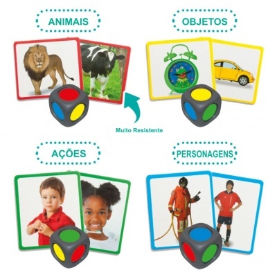 Cartas de jogo com imagens de animais, objetos, ações e personagens, cada conjunto acompanhado por um dado colorido, e texto 'Muito Resistente' no meio.