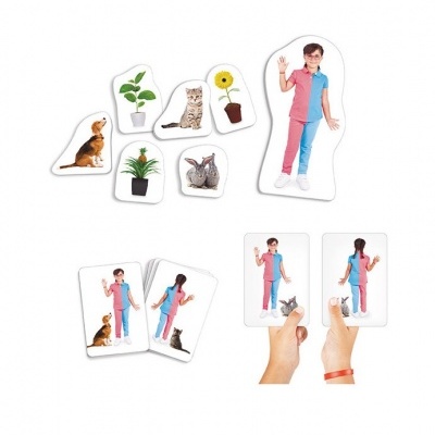 Peças de cartão com imagens de criança, animais e plantas para jogo educativo.