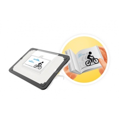 Livro de animação com figura de bicicleta e tabuleiro cinzento com moldura preta