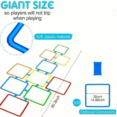 Jogo infantil em quadrados coloridos de plástico macio conectados, texto 'GIANT SIZE' e dimensões 38cm.