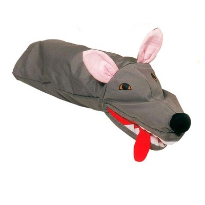 Fantoche de mão cinzento com orelhas cor-de-rosa e língua vermelha