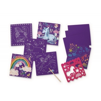 Conjunto de quadros roxos com desenhos de unicórnios e arco-íris e acessórios para rabiscar
