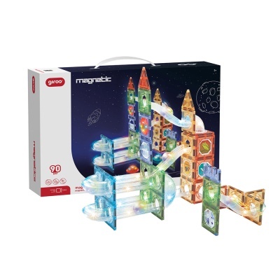 Jogo de construção magnético GIROO com 90 peças coloridas translúcidas e tubos para bolas