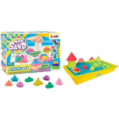 Caixa de atividade Magic Sand com areia colorida e tabuleiro amarelo