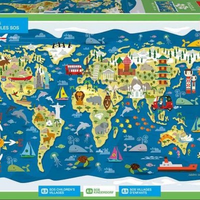 Puzzle Educa de 200 peças com mapa-múndi ilustrado em várias cores e selos associados à Aldeias Infantis SOS.