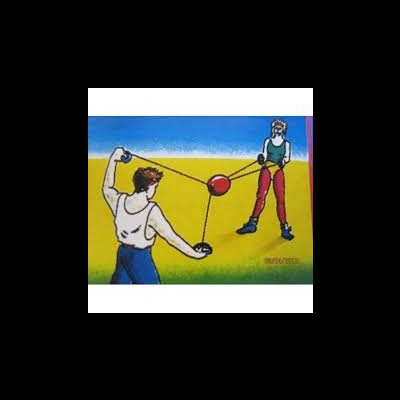 Desenho de duas pessoas com objeto vermelho entre elas em fundo azul e amarelo