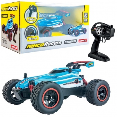 Carro de brinquedo de controlo remoto azul e branco com rodas grandes e comando