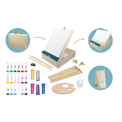Conjunto de pintura com caixa de madeira, tintas coloridas, pincéis, paleta, lápis e avental creme