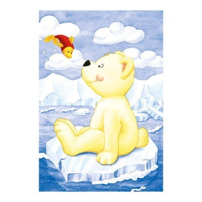 Ilustração de urso polar amarelo sentado em bloco de gelo com pássaro voando