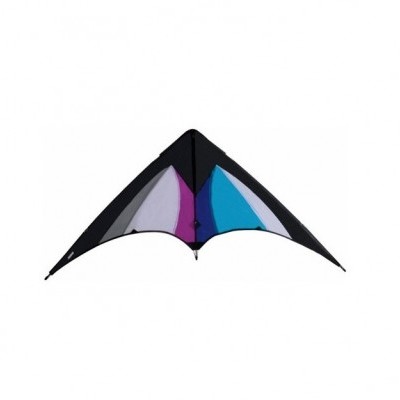 Pipa triangular preta com padrões lilás, azul e branco num fundo branco