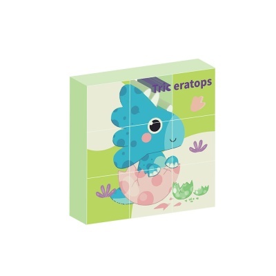 Blocos de madeira com dinossauro Triceratops azul e texto