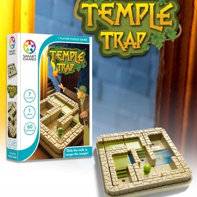 Jogo de puzzle Temple Trap com labirinto de pedra e esfera verde em fundo de madeira.